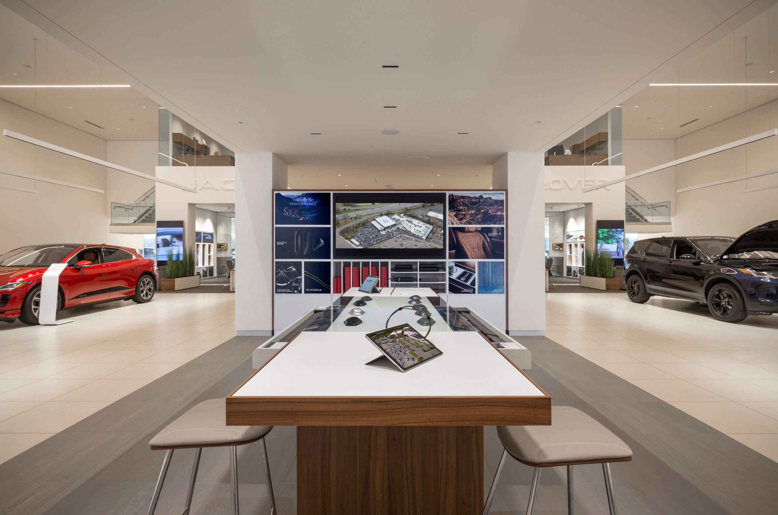 Luxury car showroom interior at Jaguar Land Rover of Portland